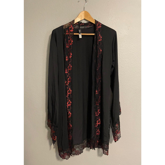 Womens Kimono Robe XL Black Satin Floral Lace Stretch Sexy Lingerie Whimsigoth - Picture 1 of 7